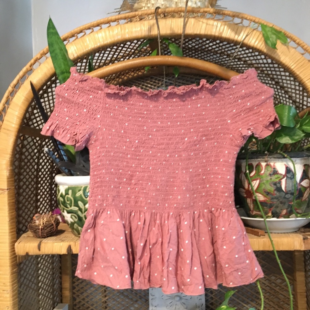 SOLD Japna Mauve Polkadot Peplum Off Shoulder Crop Top